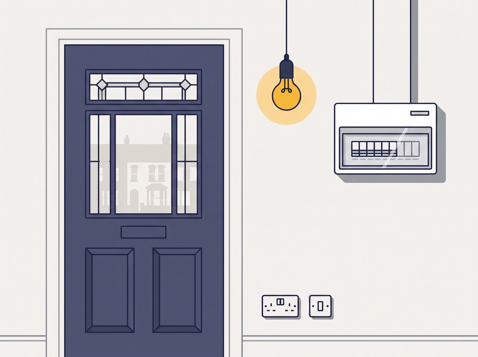 A consumer unit, a socket and a light switch in the hallway of a terraced house, under a pendant light